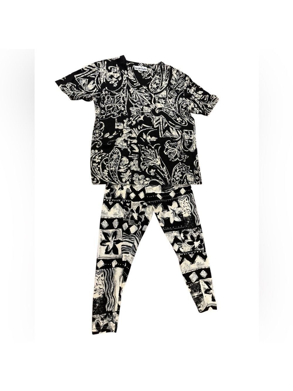 70s 2PC JACQUE & KOKO BLACK & CREAM BATIK OVERSIZE BOHO TOP/PANT SET PLUS SZ 14